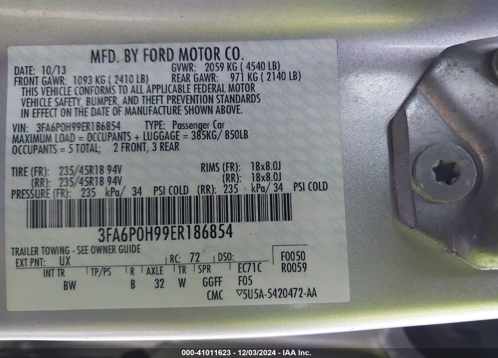 2014 FORD FUSION SE VIN: 3FA6P0H99ER186854