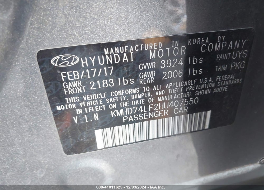 2017 HYUNDAI ELANTRA SE VIN: KMHD74LF2HU407550