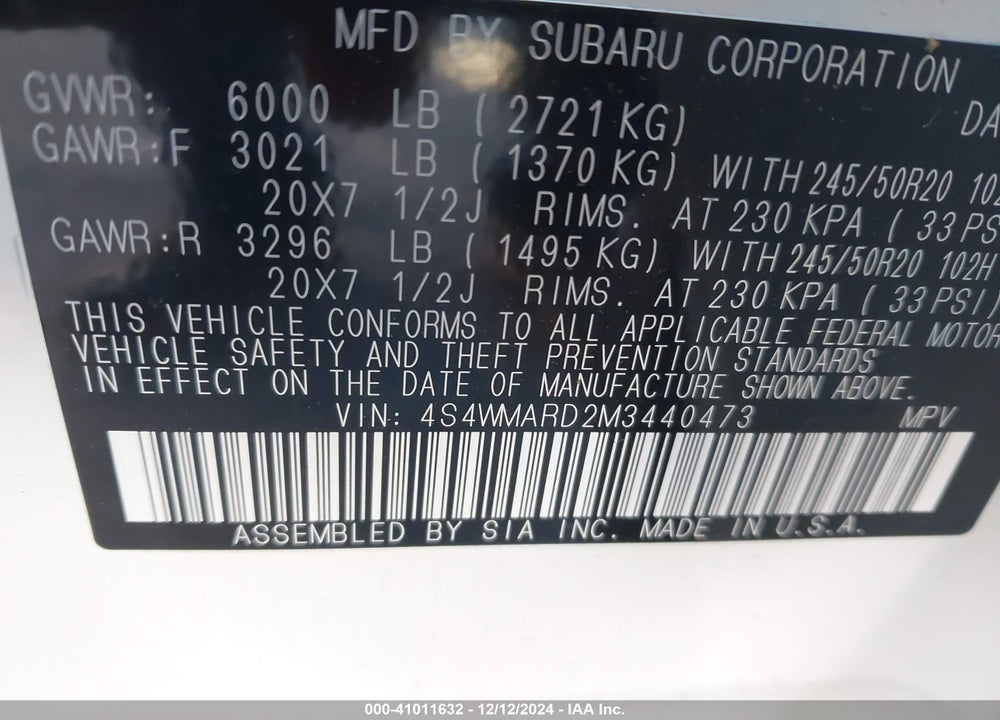 2021 SUBARU ASCENT TOURING VIN: 4S4WMARD2M3440473