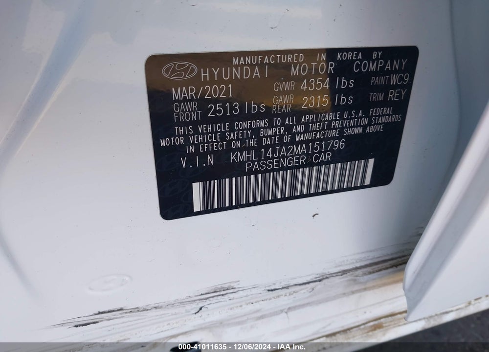 2021 HYUNDAI SONATA SEL VIN: KMHL14JA2MA151796