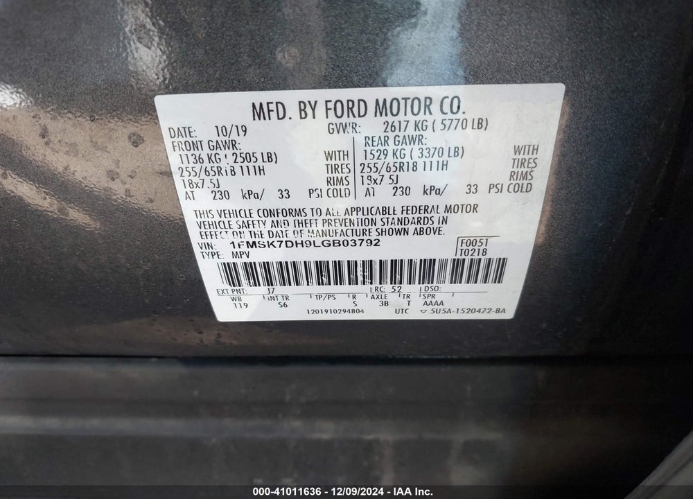 2020 FORD EXPLORER XLT VIN: 1FMSK7DH9LGB03792