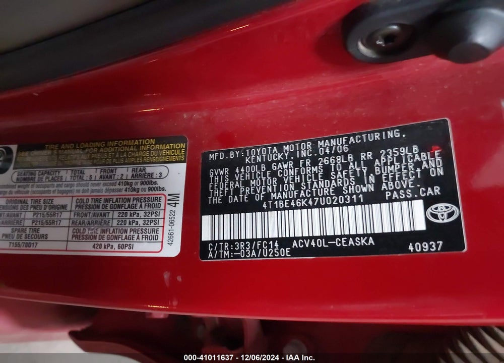 2007 TOYOTA CAMRY SE VIN: 4T1BE46K47U020311