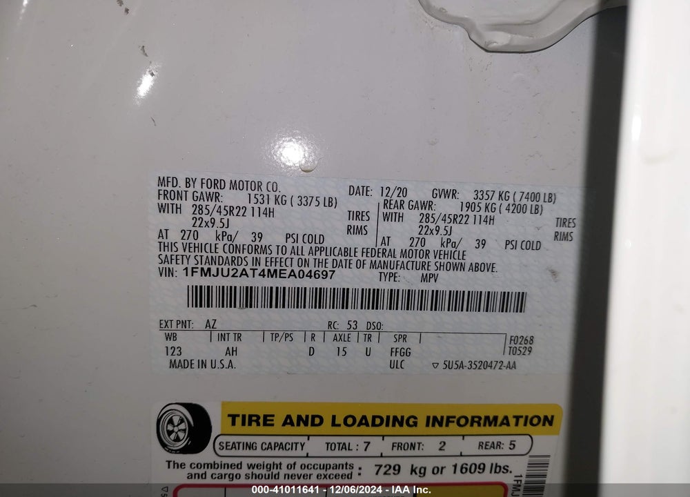 2021 FORD EXPEDITION LIMITED VIN: 1FMJU2AT4MEA04697