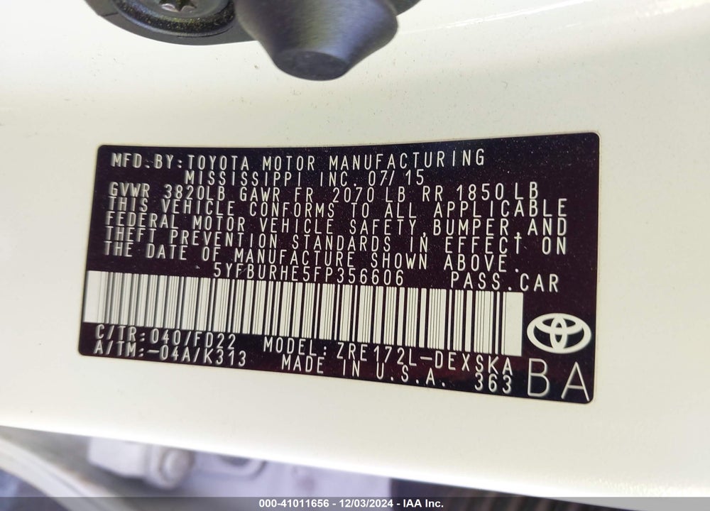 2015 TOYOTA COROLLA S PLUS VIN: 5YFBURHE5FP356606