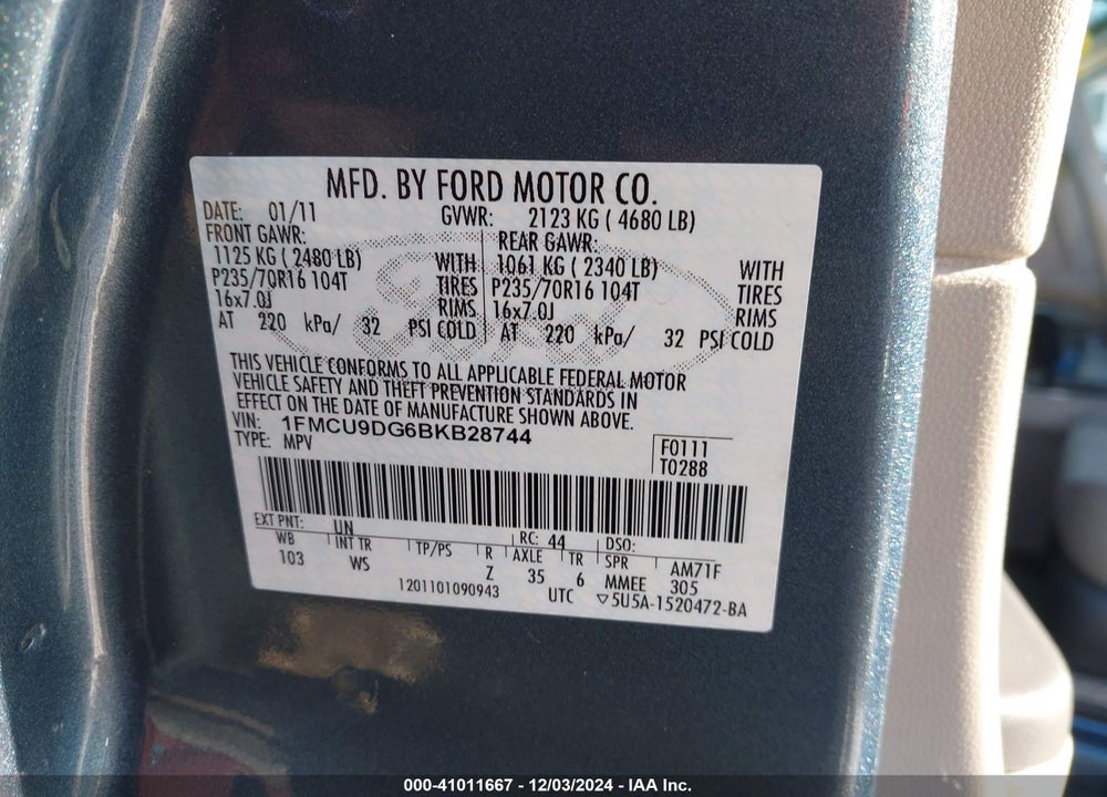 2011 FORD ESCAPE XLT VIN: 1FMCU9DG6BKB28744