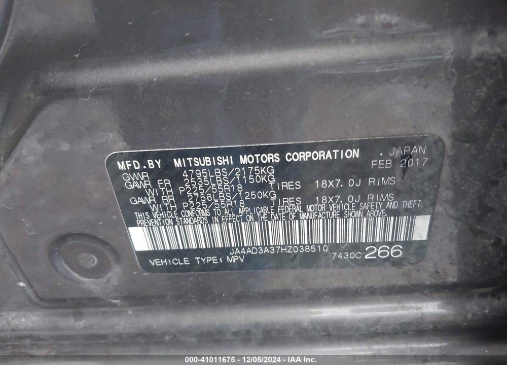 2017 MITSUBISHI OUTLANDER VIN: JA4AD3A37HZ038510
