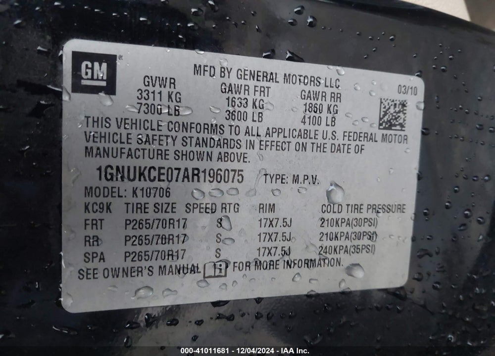2010 CHEVROLET TAHOE VIN: 1GNUKCE07AR196075