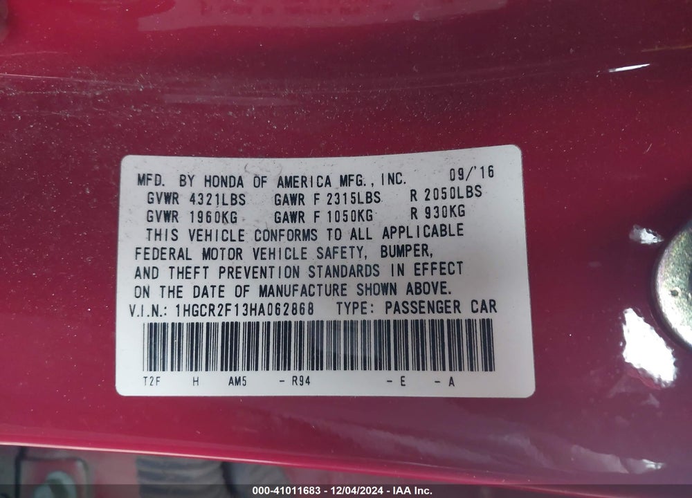 2017 HONDA ACCORD SPORT SE VIN: 1HGCR2F13HA062868