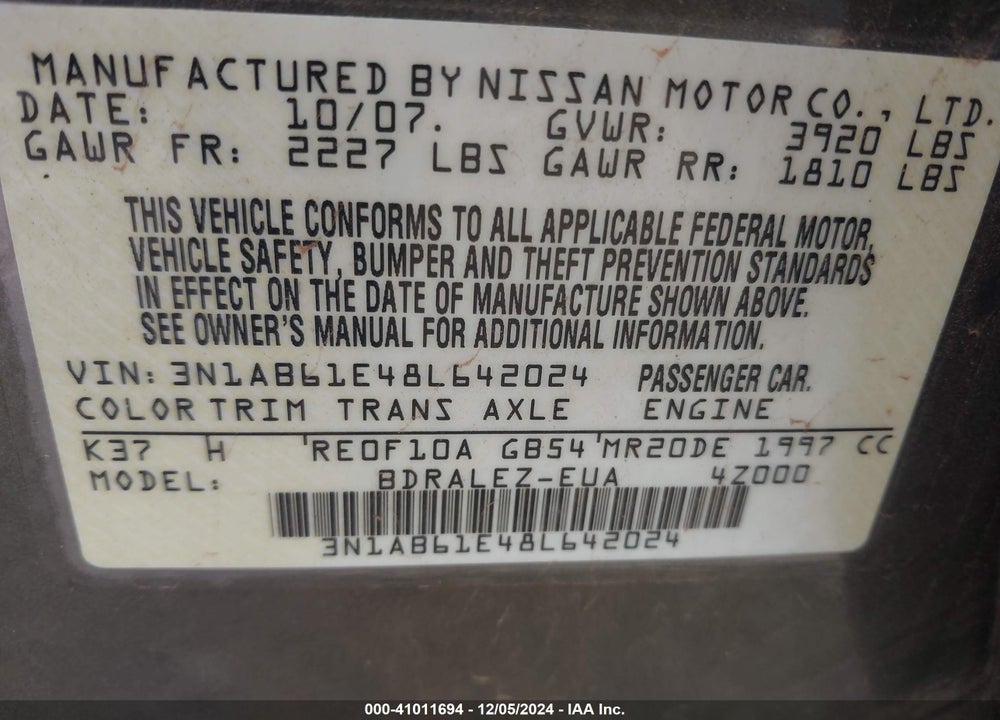 2008 NISSAN SENTRA 2.0S VIN: 3N1AB61E48L642024