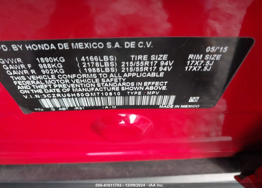 2016 HONDA HR-V EX VIN: 3CZRU6H50GM710810