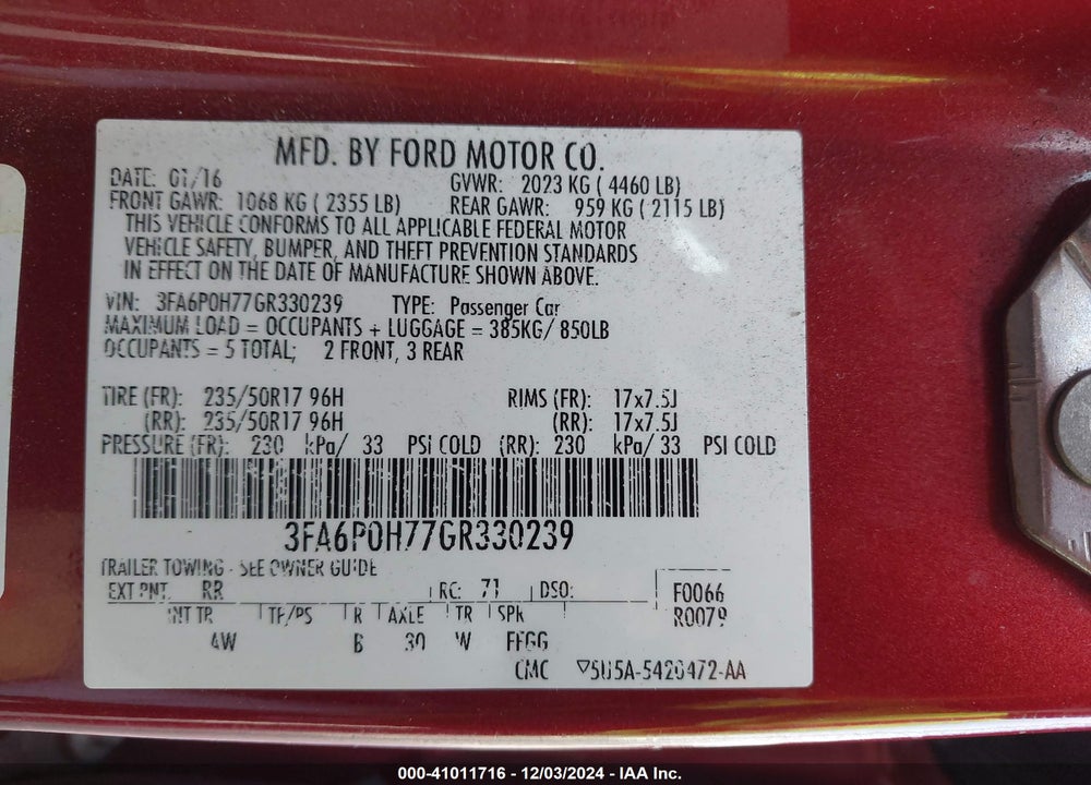 2016 FORD FUSION SE VIN: 3FA6P0H77GR330239
