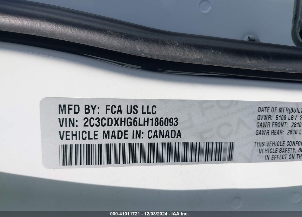 2020 DODGE CHARGER VIN: 2C3CDXHG6LH186093