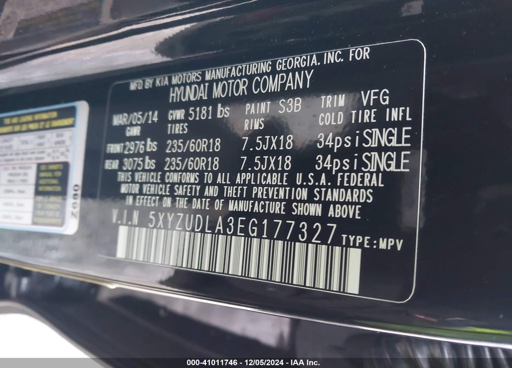 2014 HYUNDAI SANTA FE SPORT 2.0L TURBO VIN: 5XYZUDLA3EG177327
