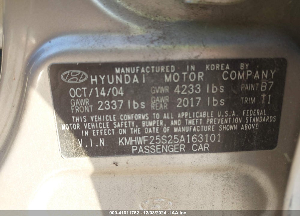 2005 HYUNDAI SONATA GL VIN: KMHWF25S25A163101