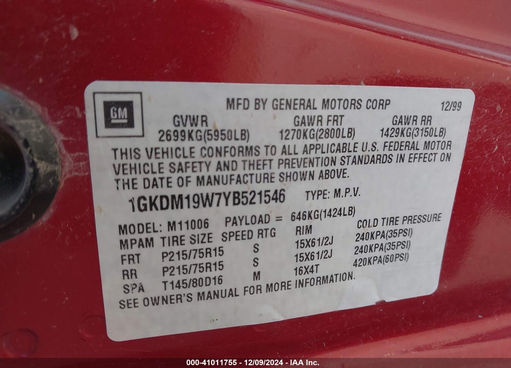 2000 GMC SAFARI SL VIN: 1GKDM19W7YB521546