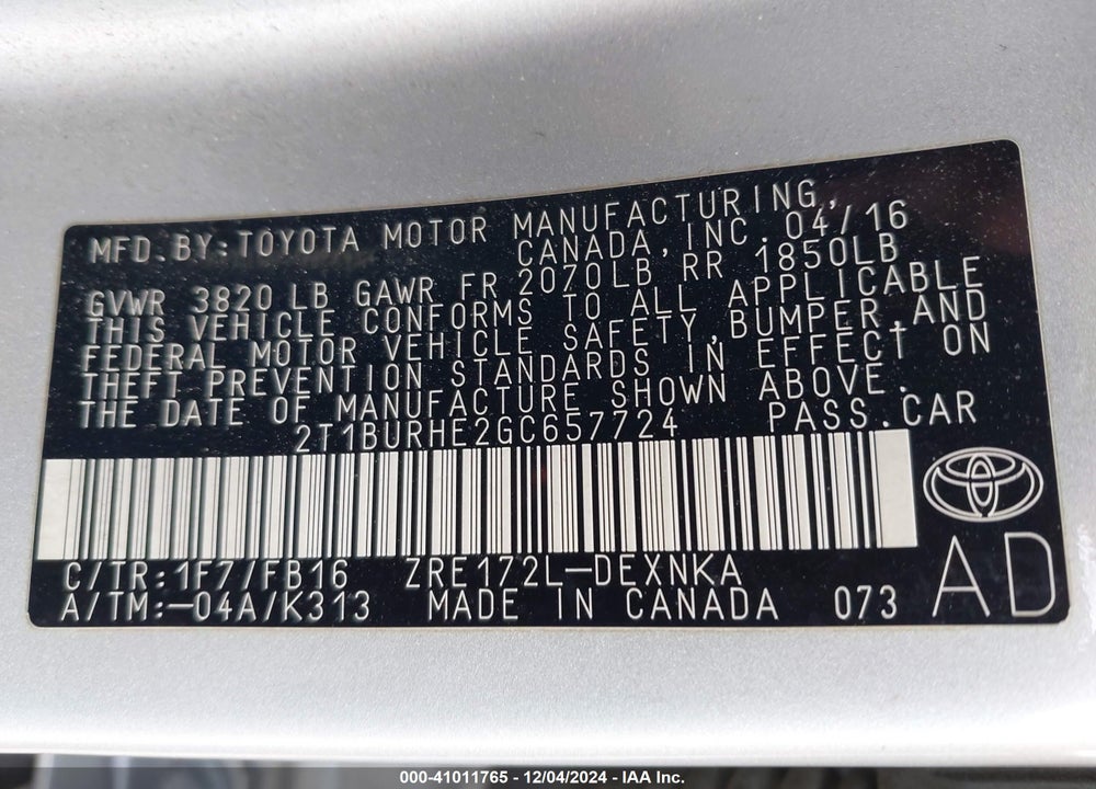 2016 TOYOTA COROLLA LE VIN: 2T1BURHE2GC657724