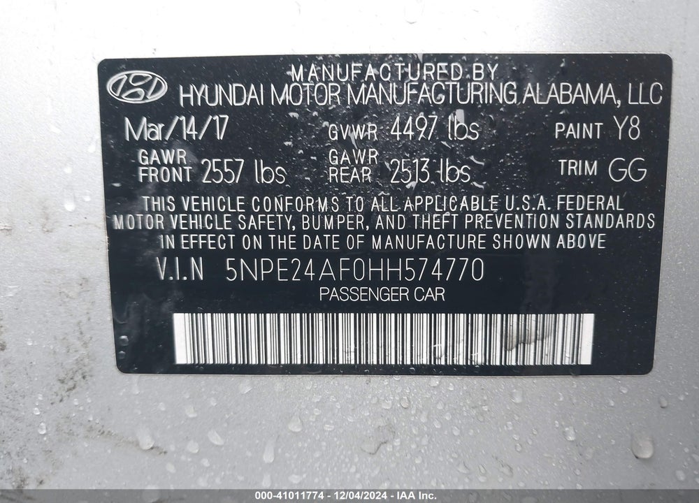 2017 HYUNDAI SONATA VIN: 5NPE24AF0HH574770