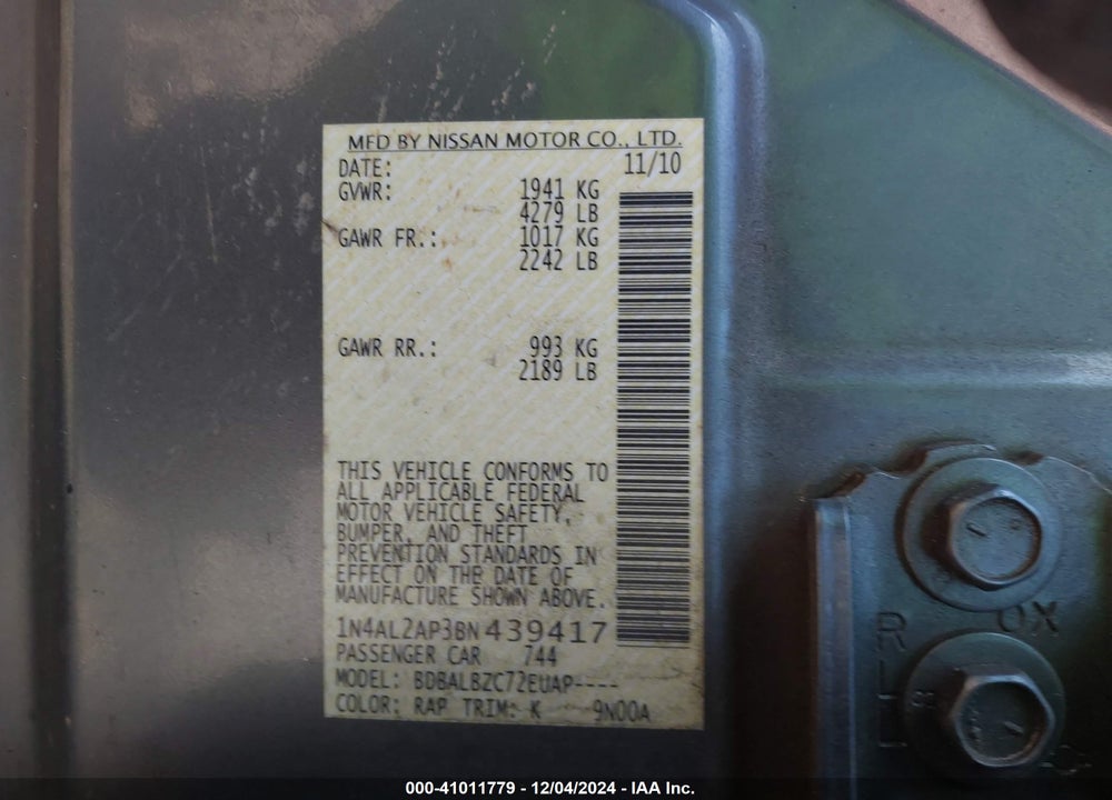 2011 NISSAN ALTIMA 2.5 S VIN: 1N4AL2AP3BN439417