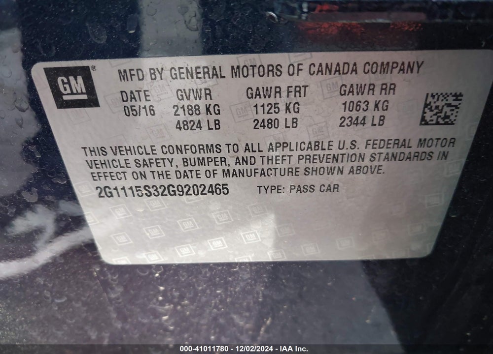 2016 CHEVROLET IMPALA 2LT VIN: 2G1115S32G9202465
