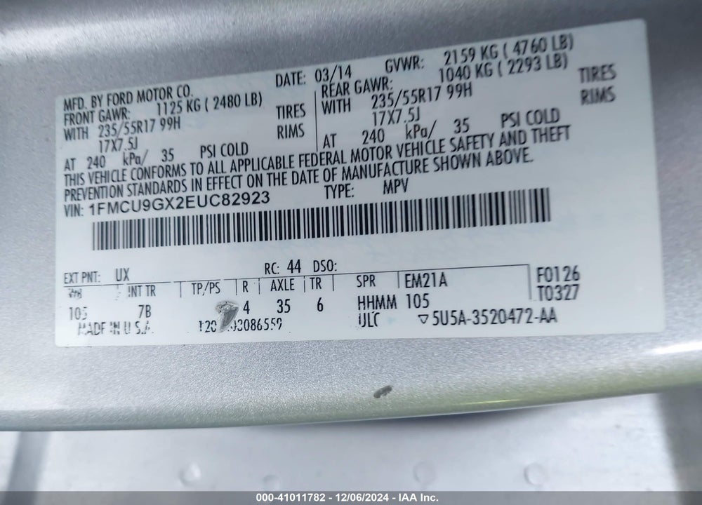 2014 FORD ESCAPE SE VIN: 1FMCU9GX2EUC82923