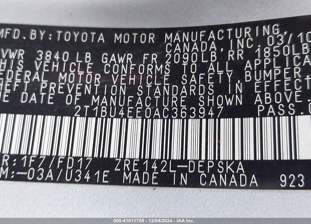 2010 TOYOTA COROLLA S VIN: 2T1BU4EE0AC363947