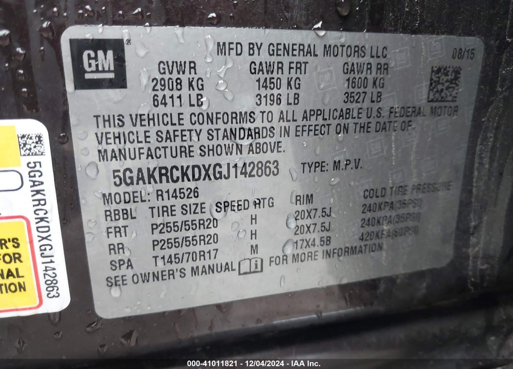 2016 BUICK ENCLAVE PREMIUM VIN: 5GAKRCKDXGJ142863