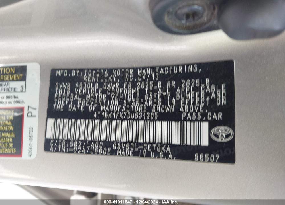 2013 TOYOTA CAMRY VIN: 4T1BK1FK7DU531305