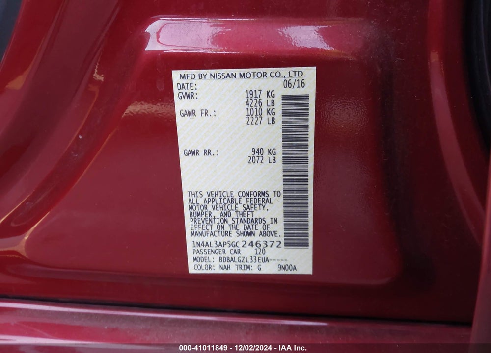 2016 NISSAN ALTIMA 2.5/2.5 S/2.5 SL/2.5 SR/2.5 SV VIN: 1N4AL3AP5GC246372