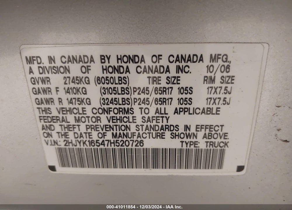 2007 HONDA RIDGELINE RTL VIN: 2HJYK16547H520726