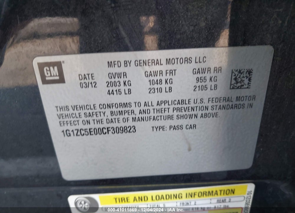 2012 CHEVROLET MALIBU 1LT VIN: 1G1ZC5E00CF309823