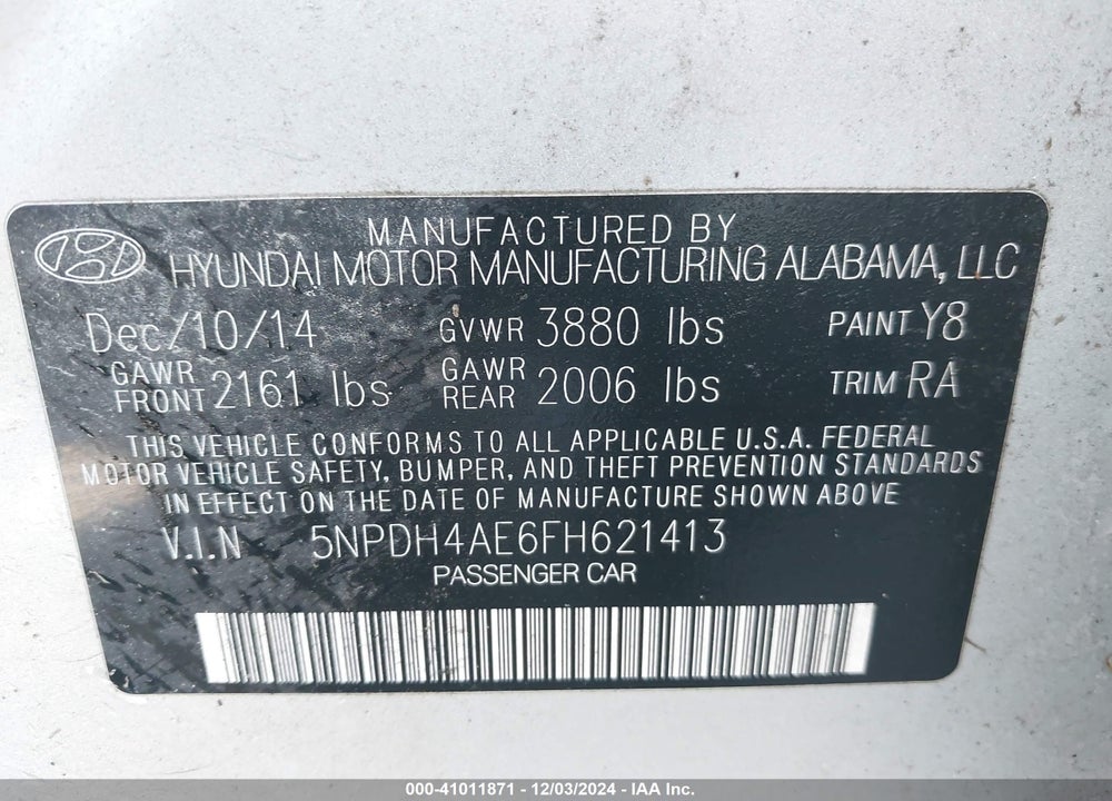 2015 HYUNDAI ELANTRA SE VIN: 5NPDH4AE6FH621413
