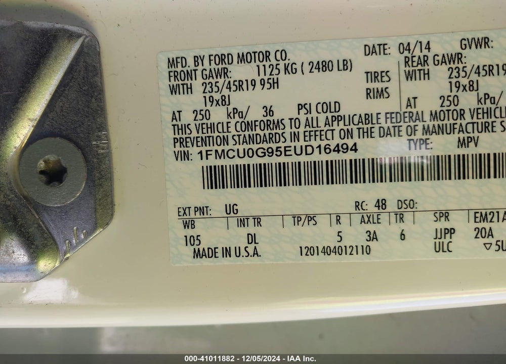 2014 FORD ESCAPE SE VIN: 1FMCU0G95EUD16494