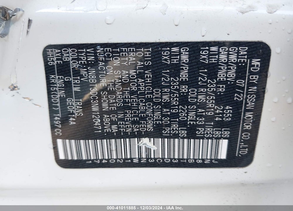 2022 NISSAN ROGUE PLATINUM FWD VIN: JN8BT3DC3NW120471
