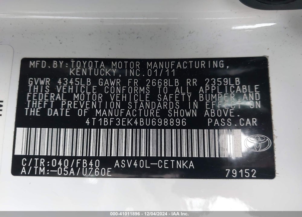 2011 TOYOTA CAMRY LE VIN: 4T1BF3EK4BU698896