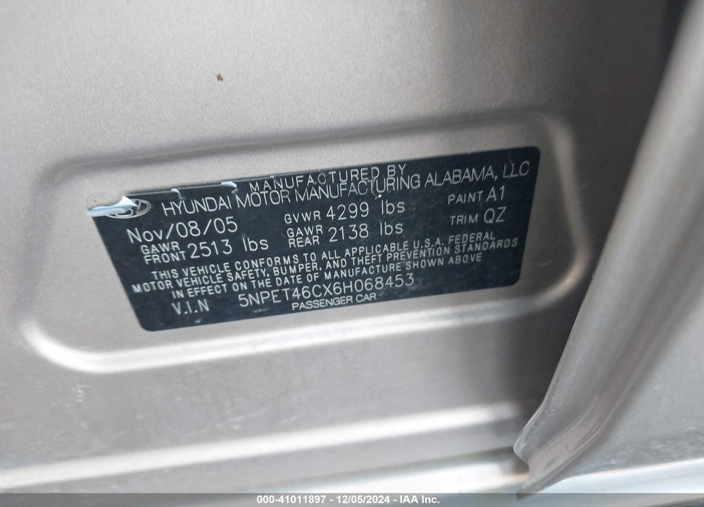 2006 HYUNDAI SONATA GL VIN: 5NPET46CX6H068453