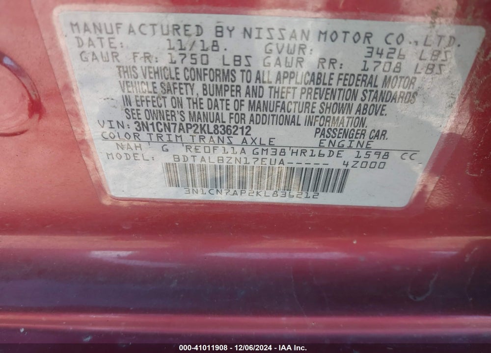 2019 NISSAN VERSA 1.6 SV VIN: 3N1CN7AP2KL836212