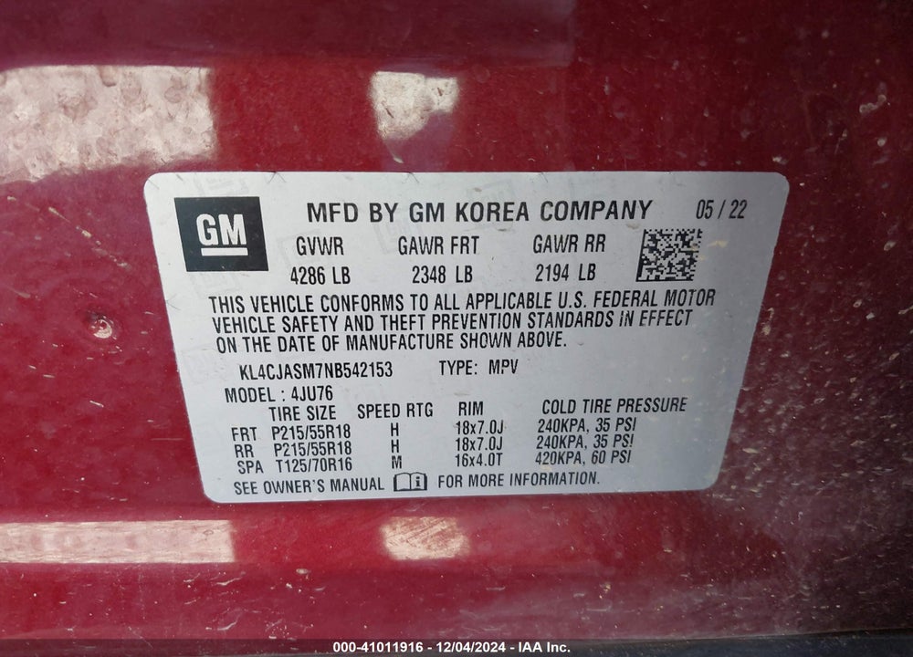 2022 BUICK ENCORE FWD PREFERRED VIN: KL4CJASM7NB542153