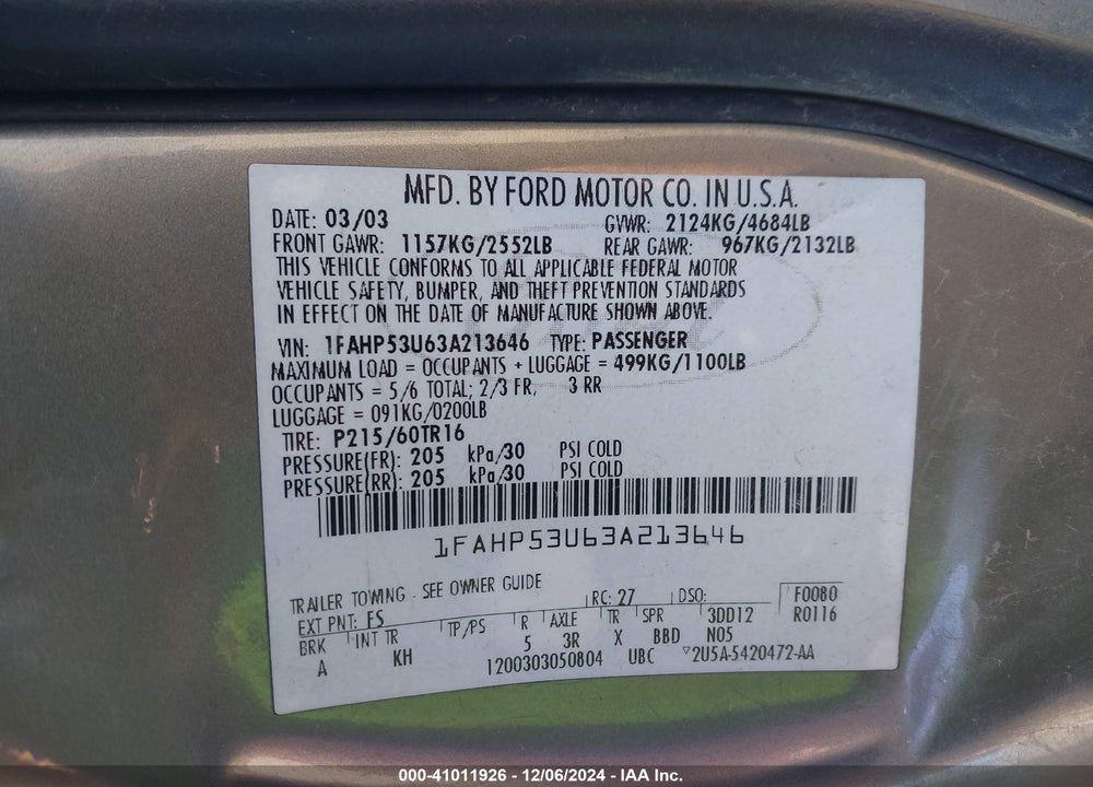 2003 FORD TAURUS SE VIN: 1FAHP53U63A213646