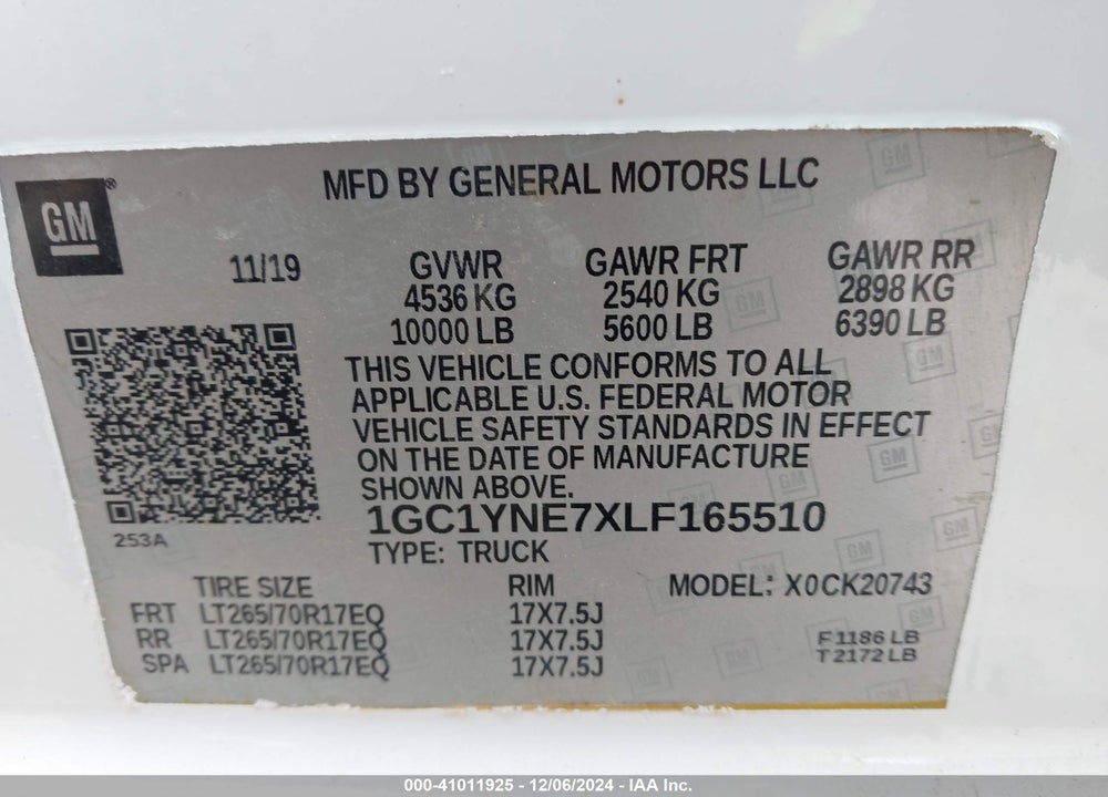 2020 CHEVROLET SILVERADO 2500HD 4WD STANDARD BED LT VIN: 1GC1YNE7XLF165510