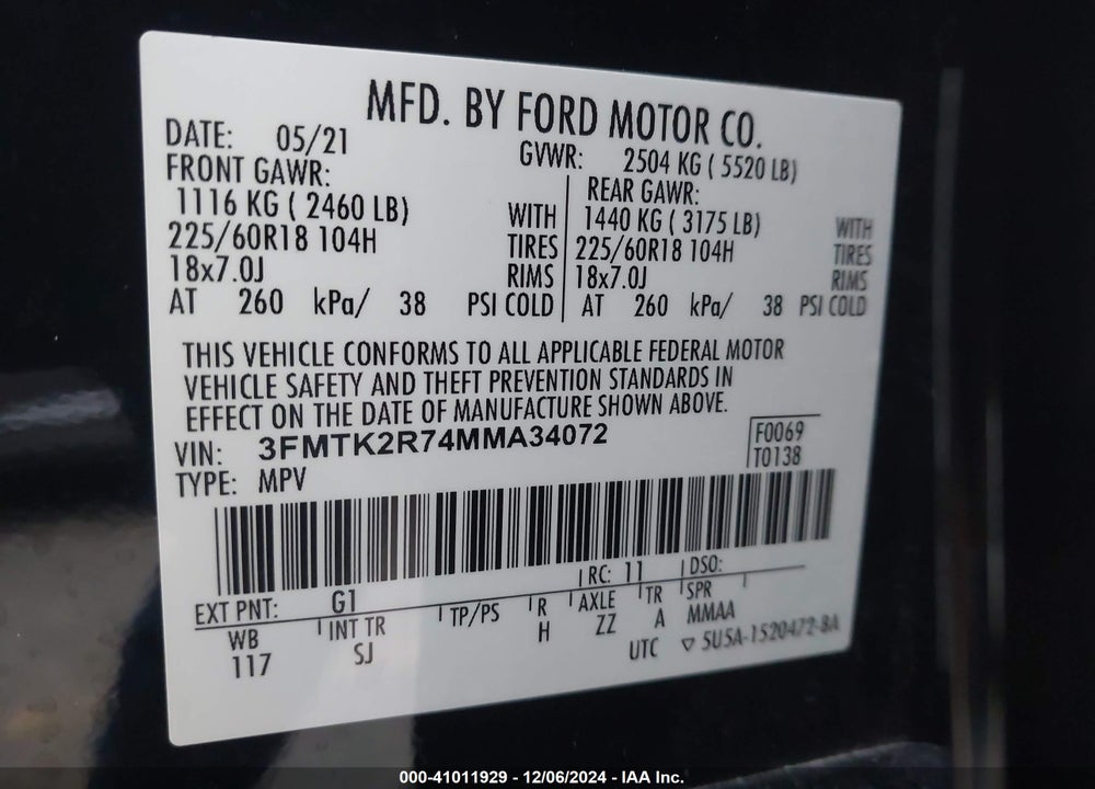 2021 FORD MUSTANG MACH-E CALIFORNIA ROUTE 1 VIN: 3FMTK2R74MMA34072