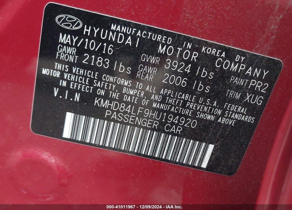 2017 HYUNDAI ELANTRA VIN: KMHD84LF9HU194920