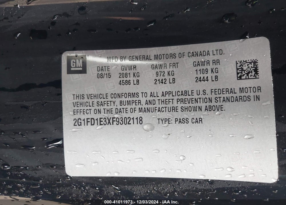 2015 CHEVROLET CAMARO 1LT VIN: 2G1FD1E3XF9302118