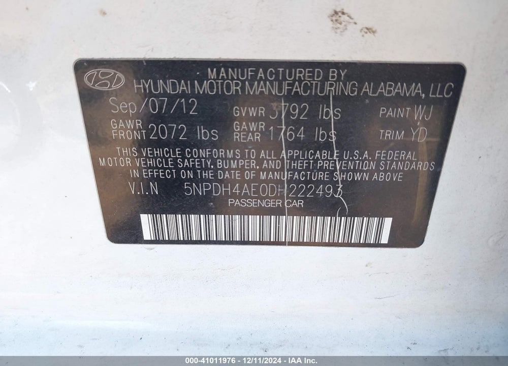 2013 HYUNDAI ELANTRA GLS VIN: 5NPDH4AE0DH222493
