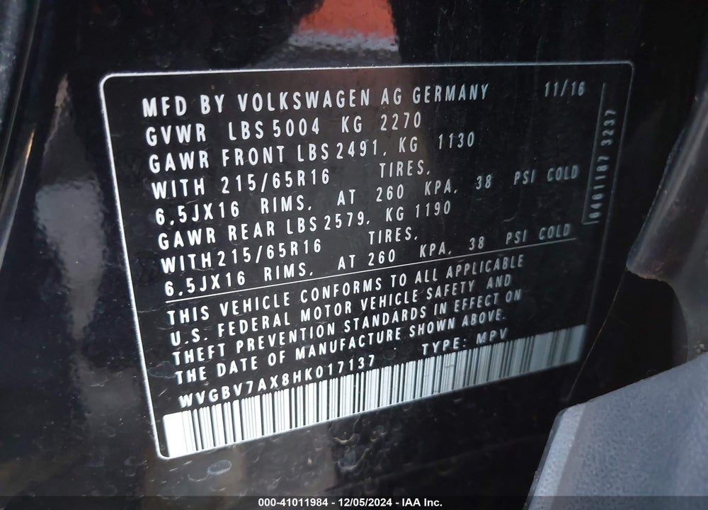 2017 VOLKSWAGEN TIGUAN 2.0T S VIN: WVGBV7AX8HK017137
