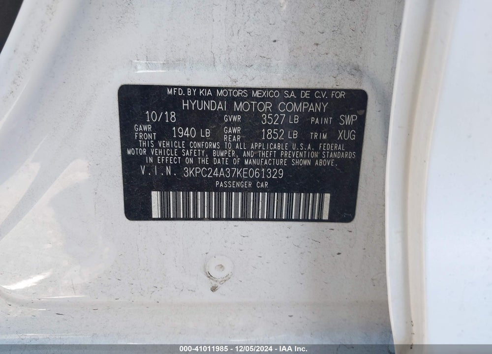2019 HYUNDAI ACCENT SEL VIN: 3KPC24A37KE061329