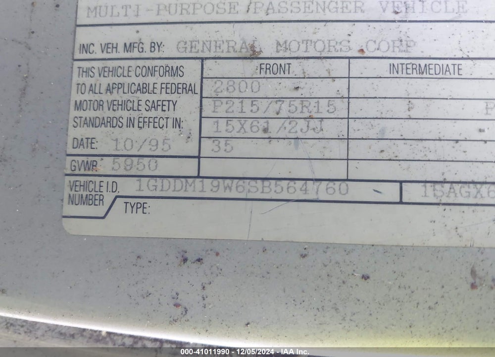 1995 GMC SAFARI XT VIN: 1GDDM19W6SB564760