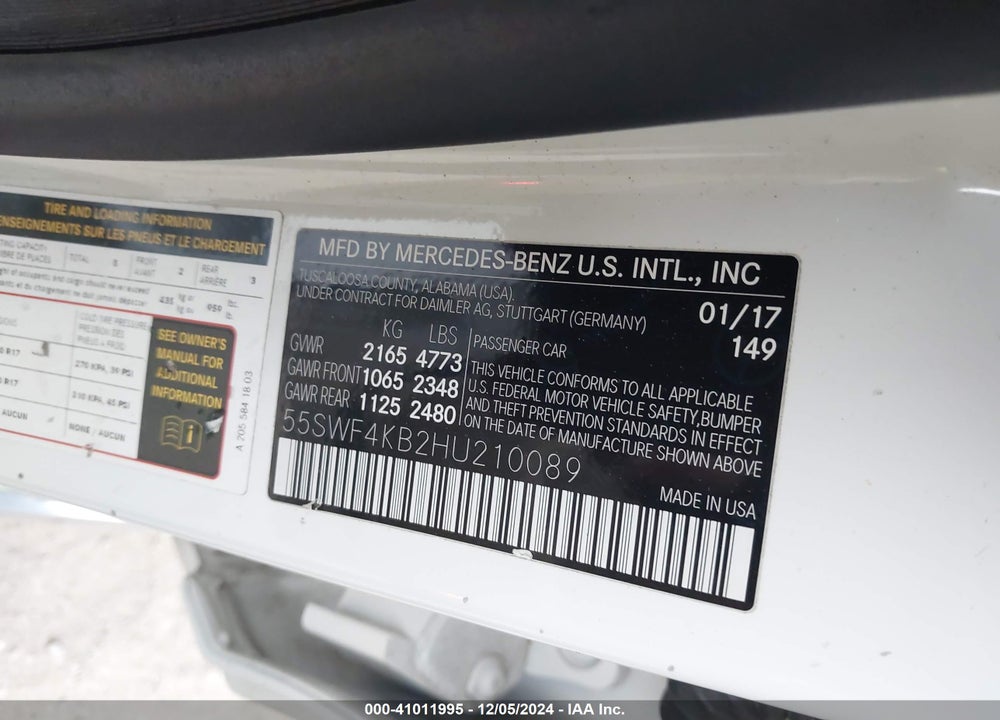 2017 MERCEDES-BENZ C VIN: 55SWF4KB2HU210089