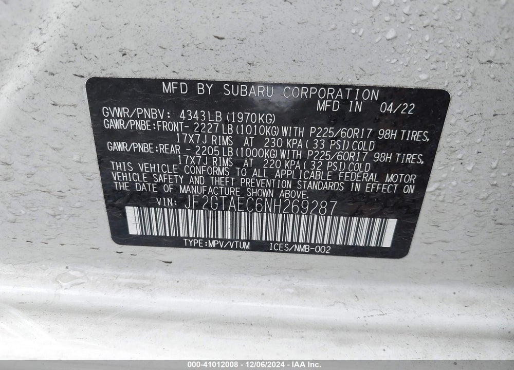 2022 SUBARU CROSSTREK PREMIUM VIN: JF2GTAEC6NH269287