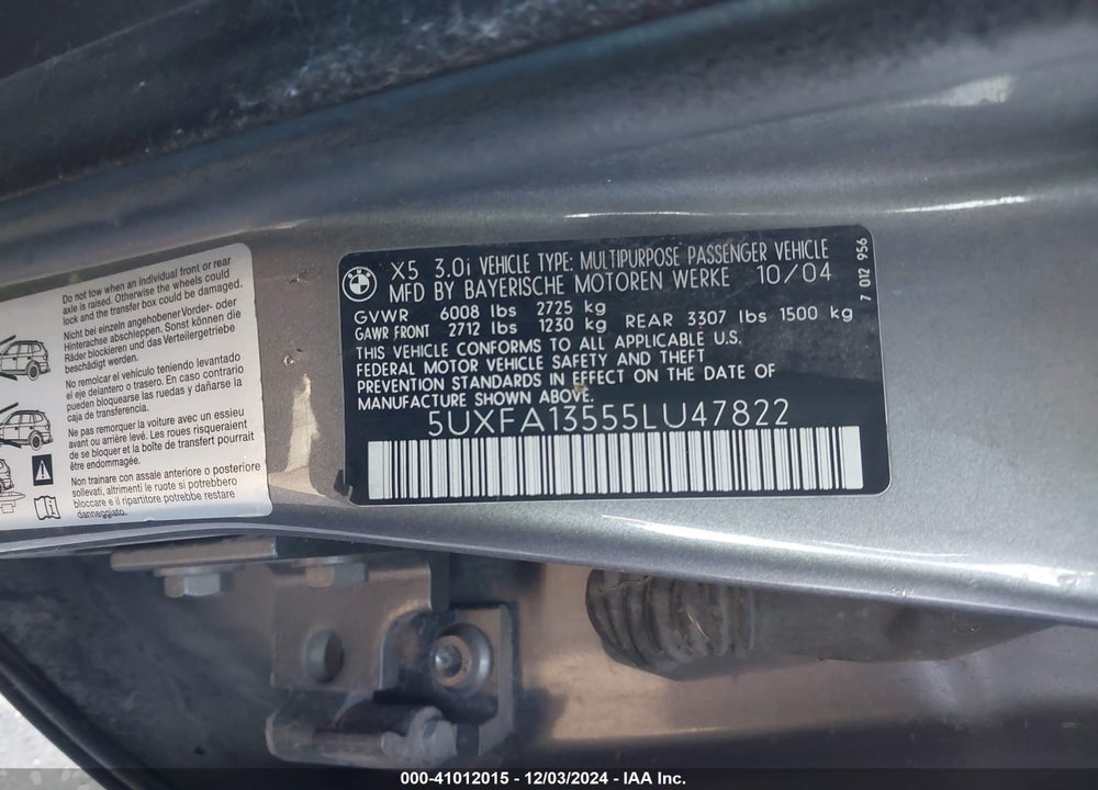 2005 BMW X5 3.0I VIN: 5UXFA13555LU47822