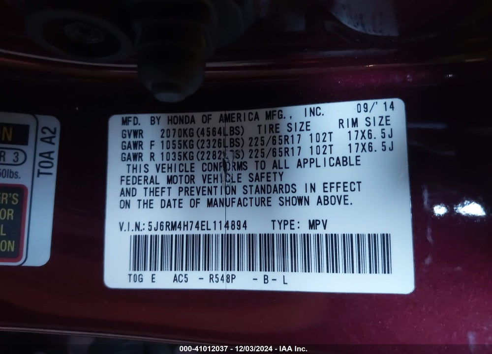 2014 HONDA CR-V EX-L VIN: 5J6RM4H74EL114894